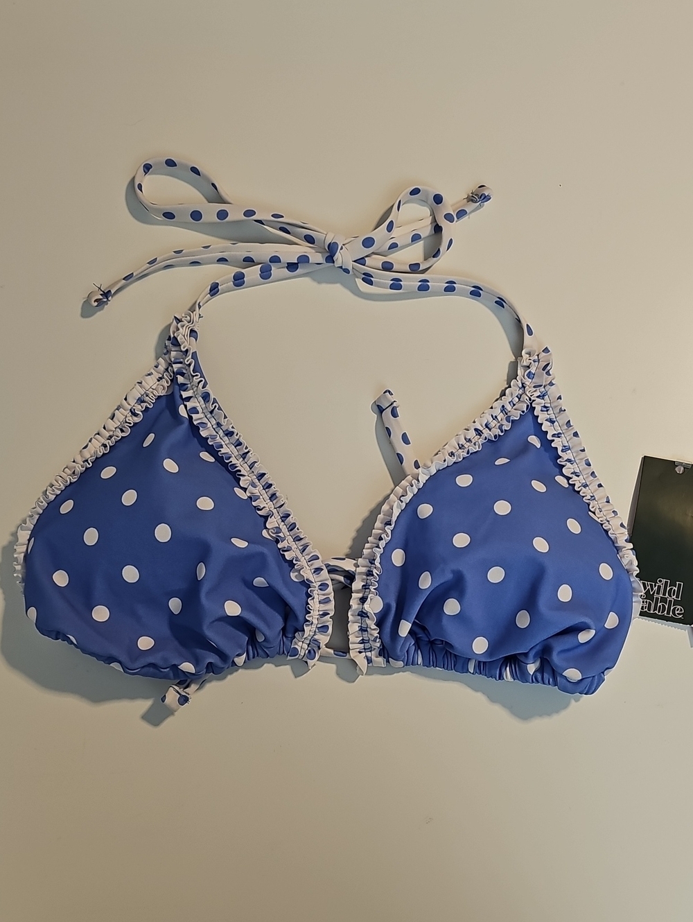 Wild Fable Women's L Blue and White Polka Dot Ruffle Triangle Bikini Top